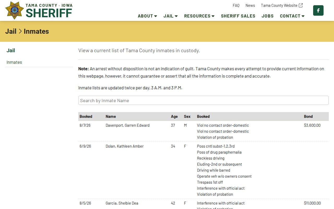 Official Tama County current-custody roster search and disclaimer