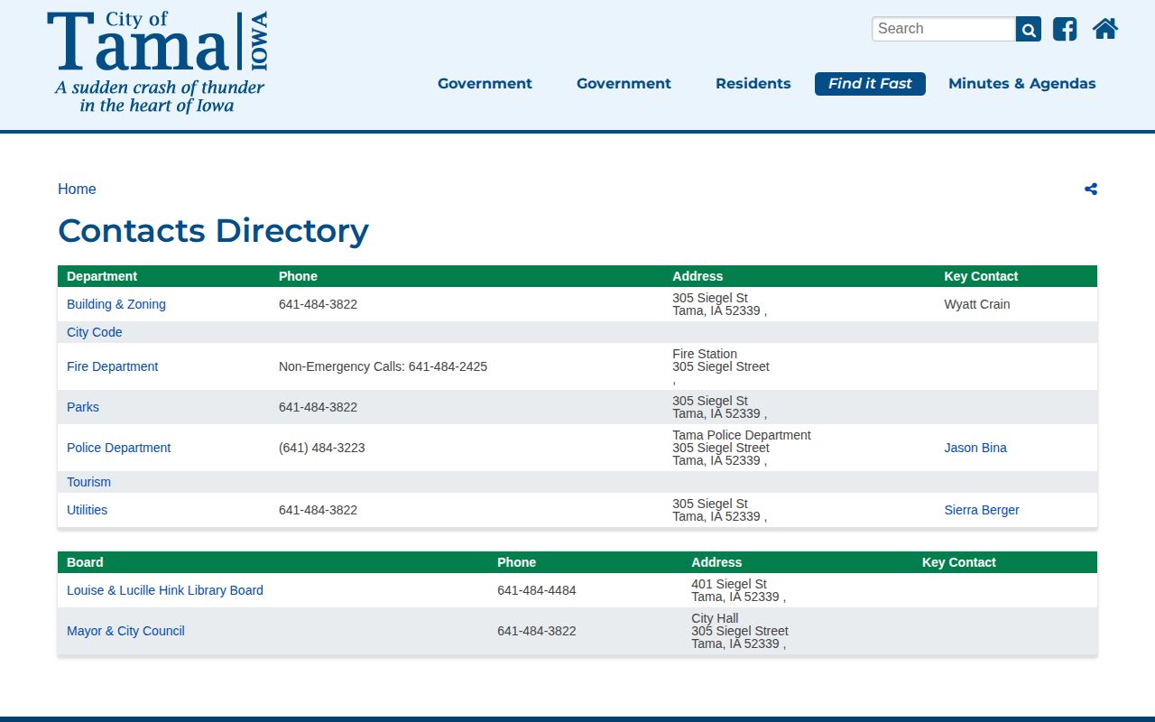 Official City of Tama contacts directory showing Tama Police contact information