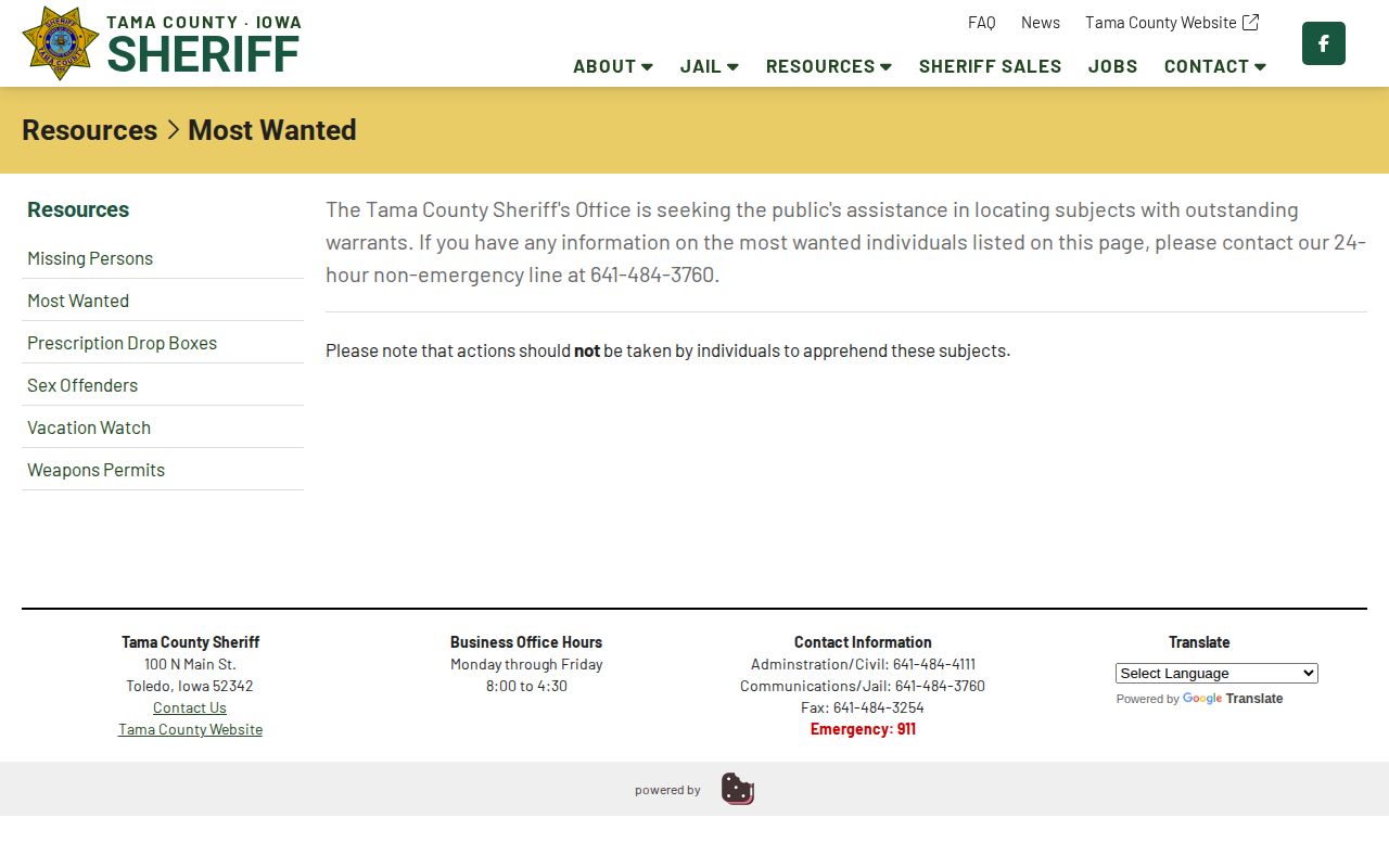 Tama County Sheriff wanted page and safety warning