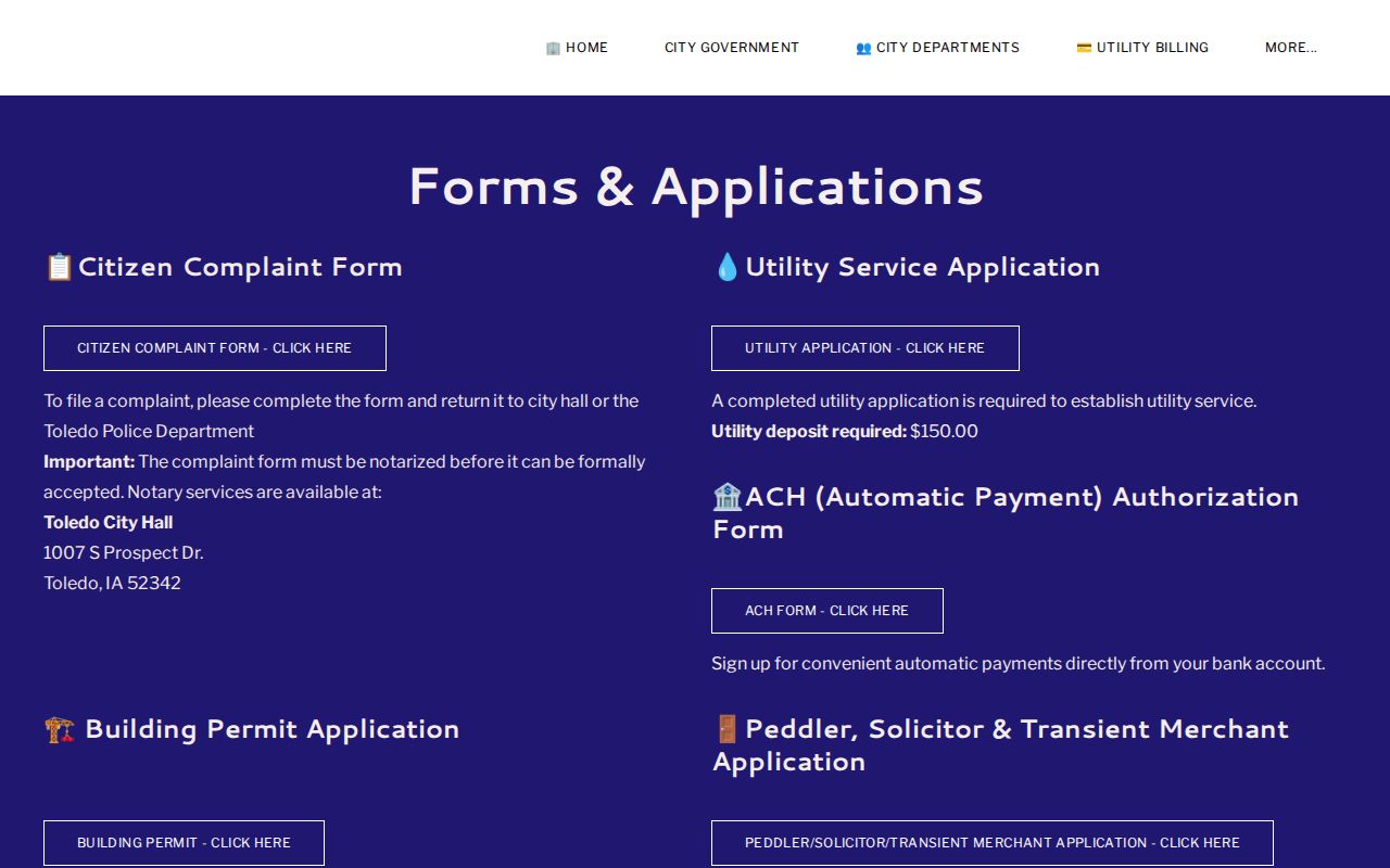 Toledo Iowa permits and public records forms page