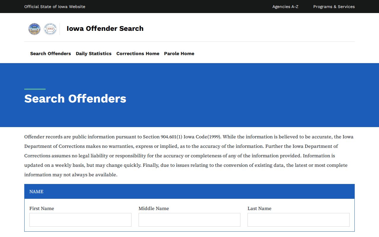 Iowa DOC offender search fields and weekly update notice